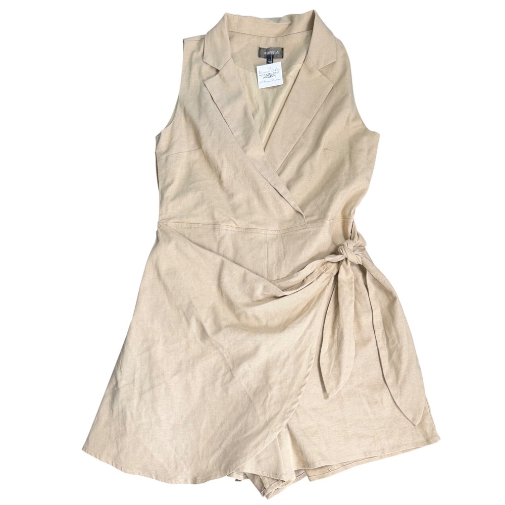 4Sienna Alyssa Tan Linen‎ Blend Sleeveless Surplice Wrap Front Romper Large